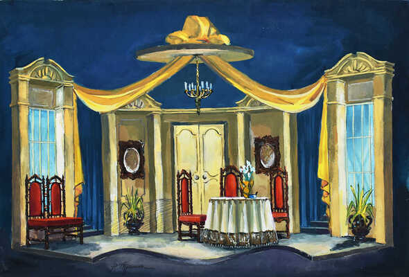 Трошин Николай Степанович. Эскиз декорации гостиной с синим фоном к спектаклю «Тартюф» 